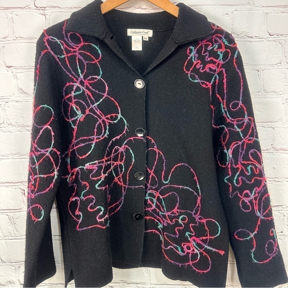 Coldwater Creek black cardigan sweater stretchy colorful pink Fuscia turquoise